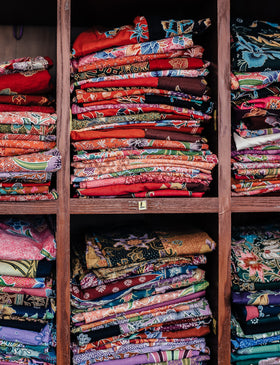 Batik fabrics used to make lining in a rattan bag sold by Ganapati Crafts Co.