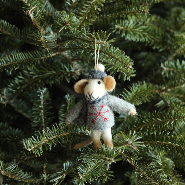Felt Ornament - Mouse with Scarf / Gray Sweater