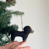 A handcrafted wool felt Dachshunds ornament hangs from a pine branch, gently held by a female hand. This unique Christmas ornament features four adorable Dachshunds in cream, khaki, brown, and black, surrounding a playful felt bone, all set on a white felt frame. A jute string is visible at the top, ready for hanging amidst festive green pine needles and cones against a soft, blurred background.