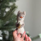 Handmade felt squirrel finger puppets holding acorn and nut, eco-friendly wool toys for kids, storytelling, or woodland pretend play.