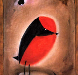 A handcrafted felt Taiwanese Po-Yo bird ornament, with a plump red body and a sleek black head, rests against a textured, earthy-toned backdrop. This unique Christmas ornament features a tiny tail and thin, dark legs, giving it a perched stance.