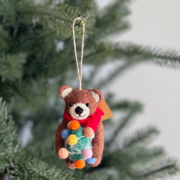 Felt Brown Bear Holding Christmas Tree Ornament