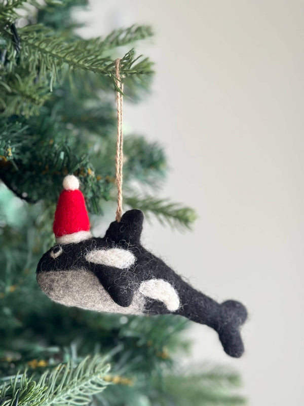 Felt Ornament - Orca with Christmas Hat
