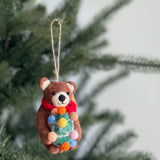 Felt Brown Bear Holding Christmas Tree Ornament