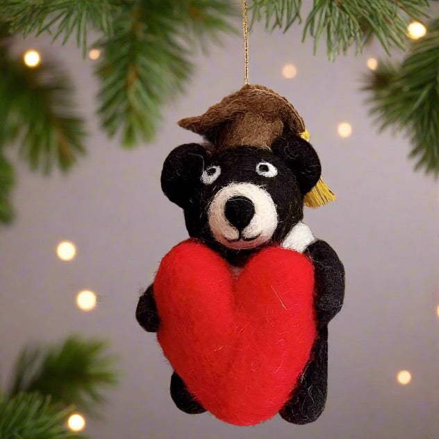 Felt Ornament - Graduation Black Bear Holding Heart