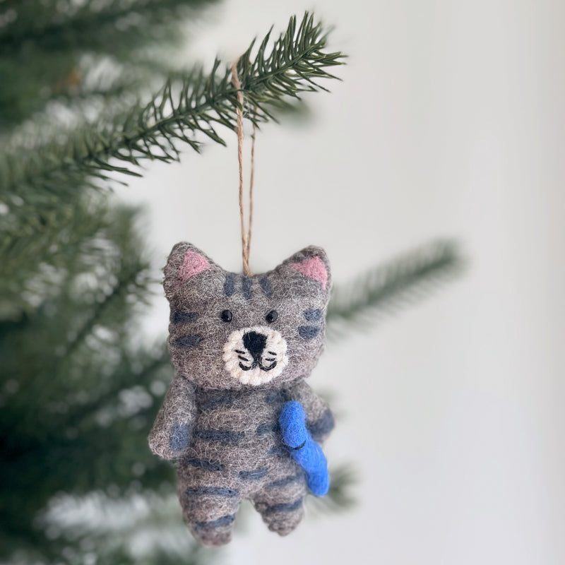 Felt Ornament - Stitched Cat Holding Fish