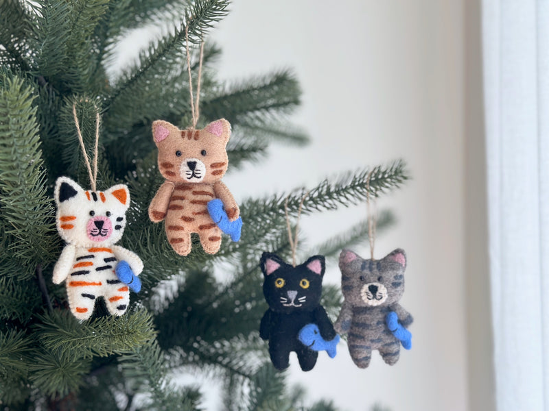 Felt Ornament - Stitched Cat Holding Fish