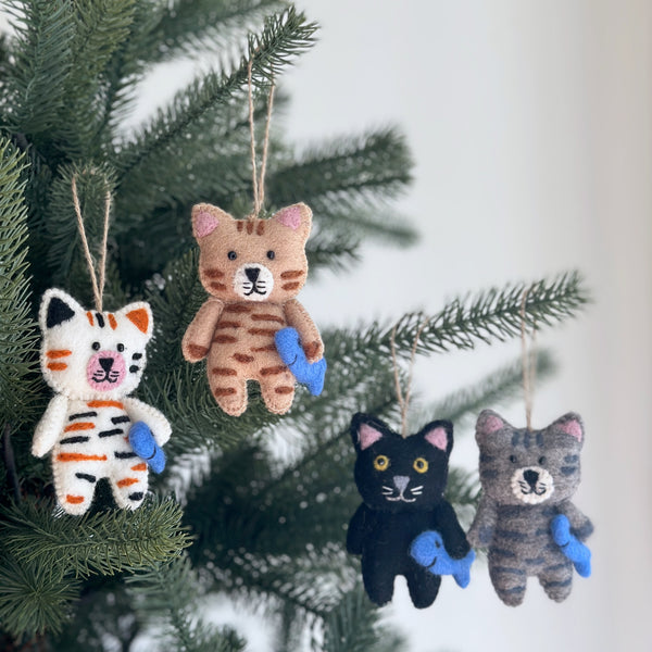 Felt Ornament - Stitched Cat Holding Fish