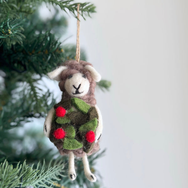 Holly-Wreath Holding Sheep Ornament