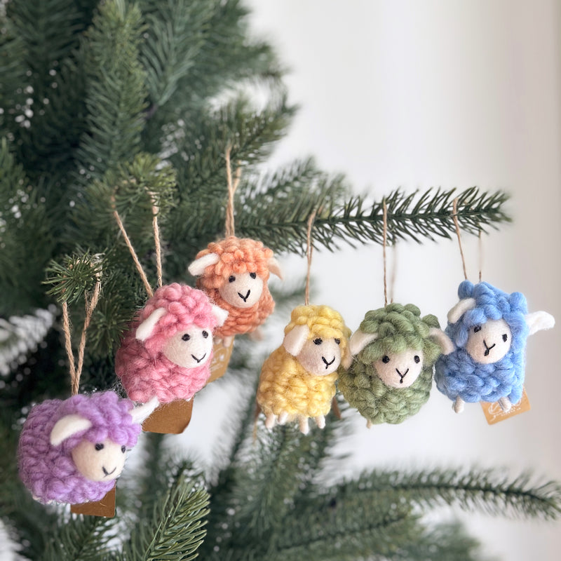 Felt Mini Fluffy Sheep Ornament Set of 6 - Pastel Tone