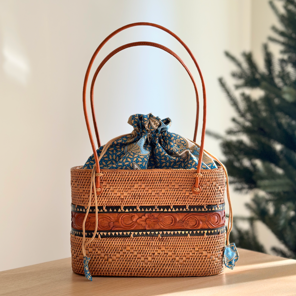 Bali Rattan Tote Bag – Handmade Wood Carving Shoulder Bag