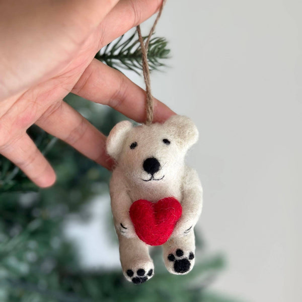 Felt Ornament - Mini Polar Bear Holding Heart
