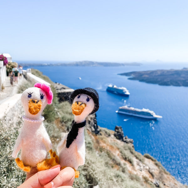 A playful felt duck couple, dressed as a bride and groom, rests on a table or shelf. The ducks are positioned facing the camera, with hats and holding hands. In the background, a vast body of water resembling a sea or ocean is visible, complete with a clear blue sky above it. On the right side, a large cruise ship is visible on the water.