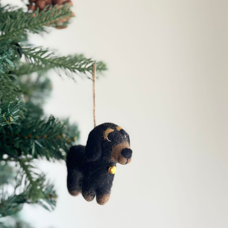 Four wool felt Dachshunds ornaments are suspended from a vibrant green Christmas tree against a soft white backdrop. The charming felt ornaments feature four Dachshunds in cream, khaki, brown, and black, arranged on a white felt frame. A playful felt bone is at the center. One black Dachshund has brown accents, floppy ears, a brown nose, and a tiny golden bell.