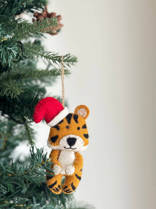 Felt Tiger with Christmas Hat Ornament