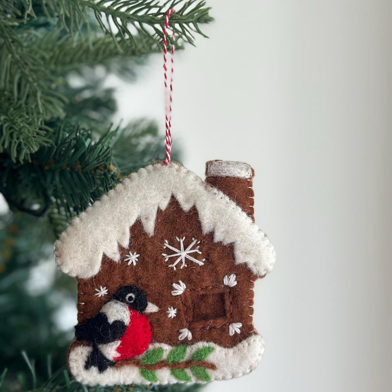 Felt Gingerbread House with Woodpecker Ornament, Biodegradable Ornament, Tree Ornament, Hanging Decoration, Gift Topper