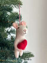 Wool Felt Mouse Holding Heart Ornament