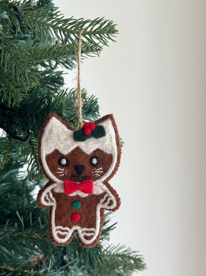 Wool Felt Gingerbread Cat Christmas Ornament