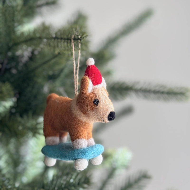 Corgi on a Skateboard Ornament, Christmas Decor Dog Ornament, Biodegradable Ornament, Gifts For Dog Lovers, Fair Trade Ornament