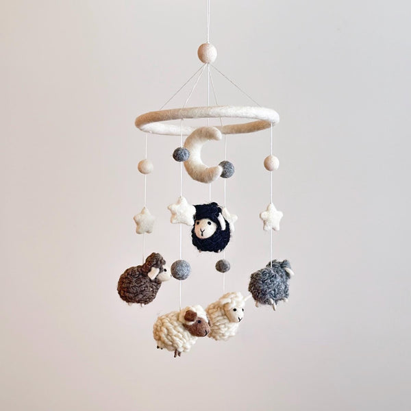Gray Sheep Baby Mobile For Nursery Decor, Wool Felt Counting Sheep, Baby Shower's Gift, Crib Mobile, Cot Mobile, Nursery Gift