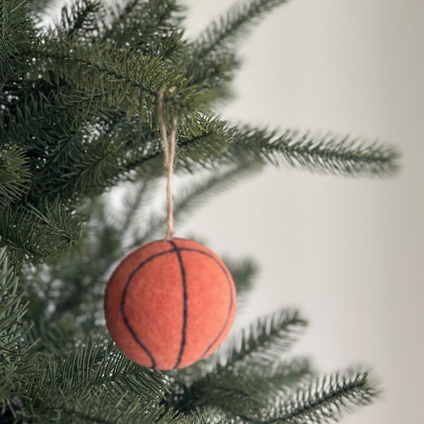 Handmade felt basketball ornament, eco-friendly wool Christmas decoration for tree, NBA fan or coach gift for holiday season.