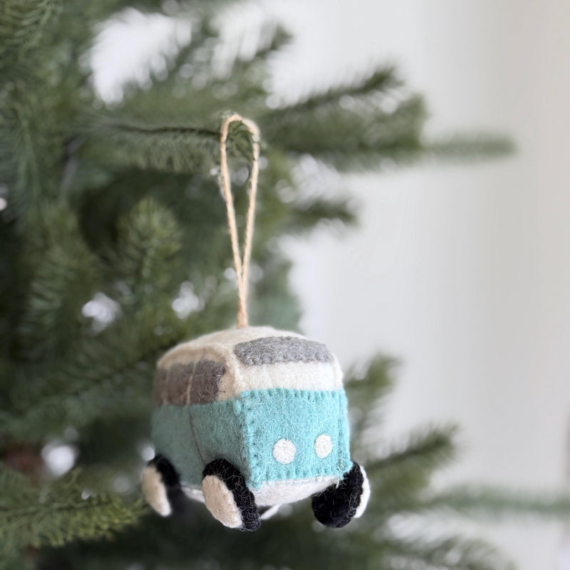 Felt Blue Camper Van Ornament – Retro Wool Felt Christmas Ornament, VW Bus Decor, Eco-Friendly Travel Gift for Him or Her