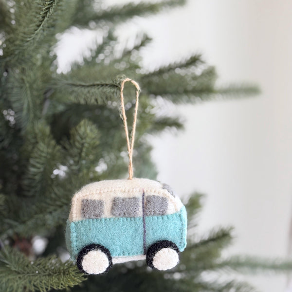 Felt Blue Camper Van Ornament – Retro Wool Felt Christmas Ornament, VW Bus Decor, Eco-Friendly Travel Gift for Him or Her