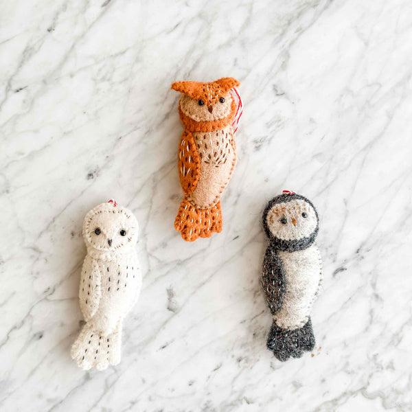 Felt Christmas Ornaments Set of 3 - Hand-Stitched Owls