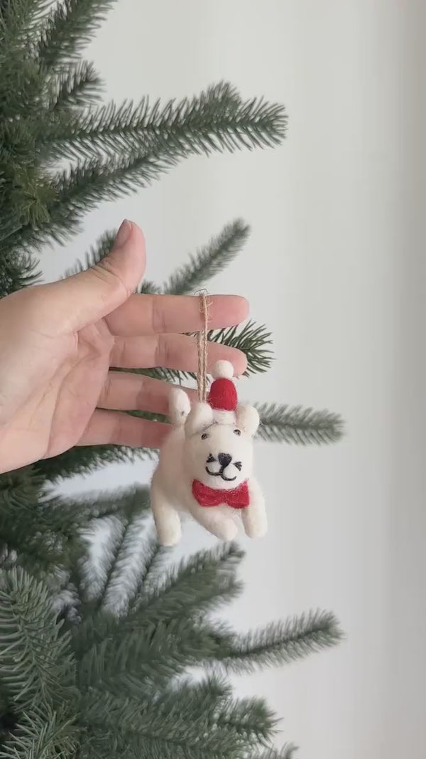 Felt White Cat in Christmas Hat Ornament