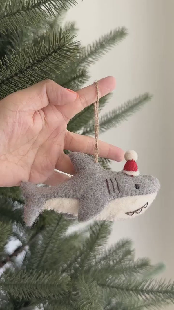 Felt Baby Shark with Santa Hat Ornament with Hemp String