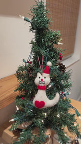 Felt Ornament - White Cat Wearing Christmas Hat