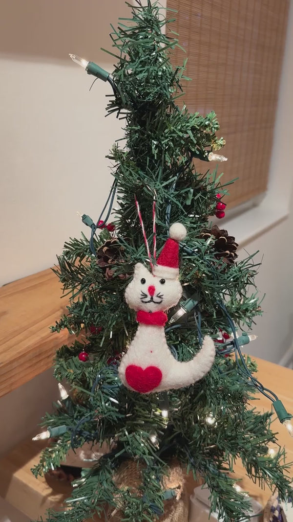 Felt Ornament - White Cat Wearing Christmas Hat