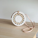 Bali White Round Rattan Bag with Nude Leather Adjustable Strap