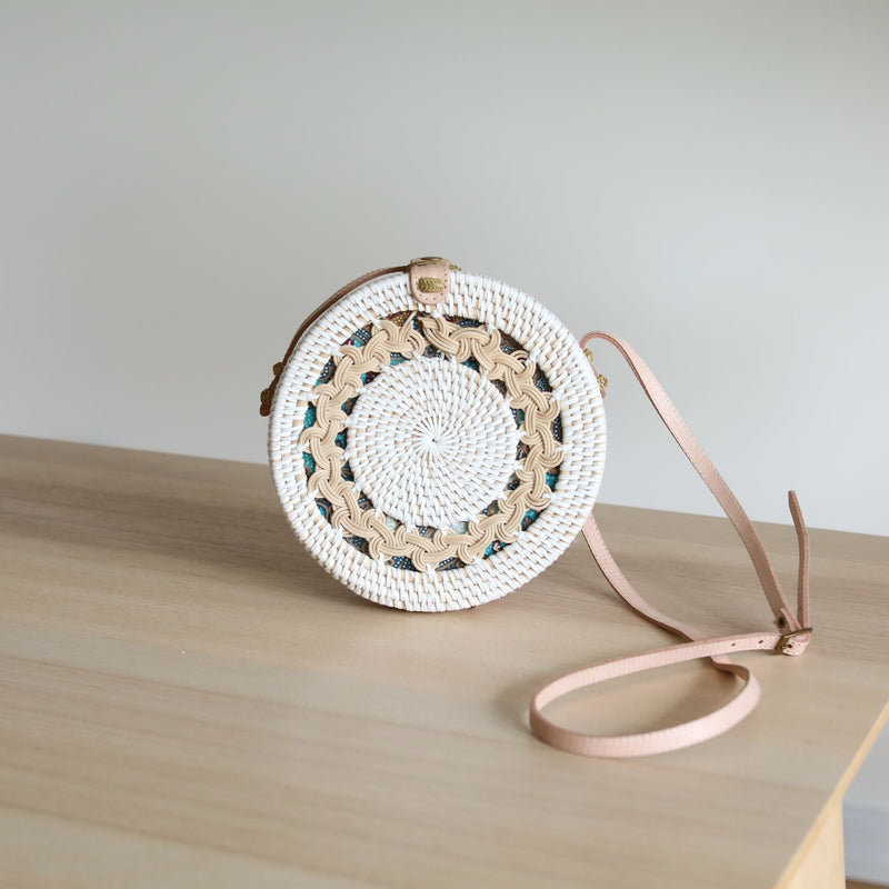 Bali White Round Rattan Bag with Nude Leather Adjustable Strap