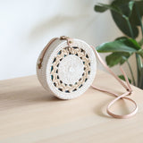 Bali White Round Rattan Bag with Nude Leather Adjustable Strap by Ganapati Crafts Co.