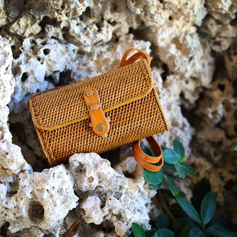 Bali Envelope Rattan Crossbody Bag with Adjustable Leather Strap