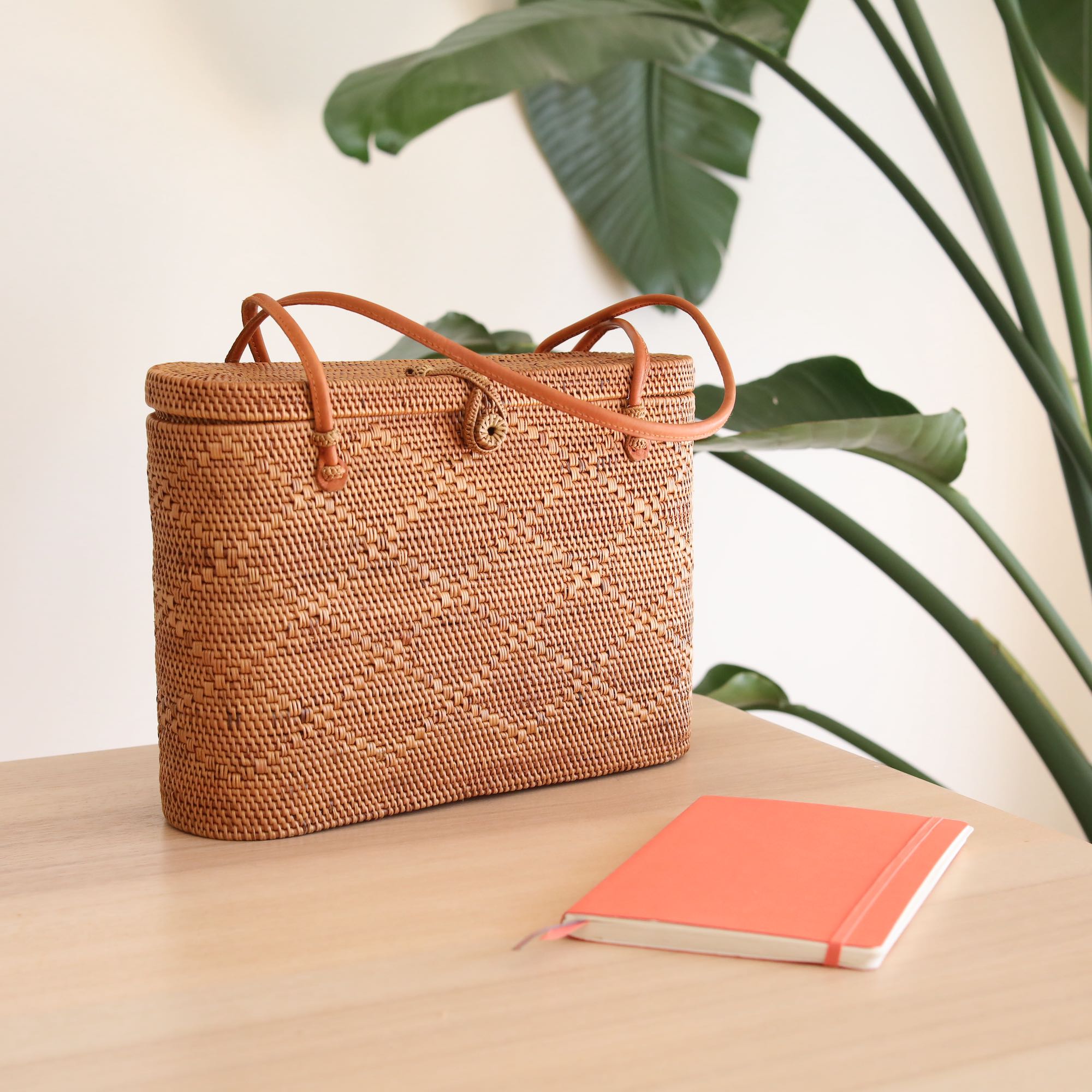 Bali Rattan Woven Tote Bag with Leather Strap for Woman|Ganapati Crafts Co.