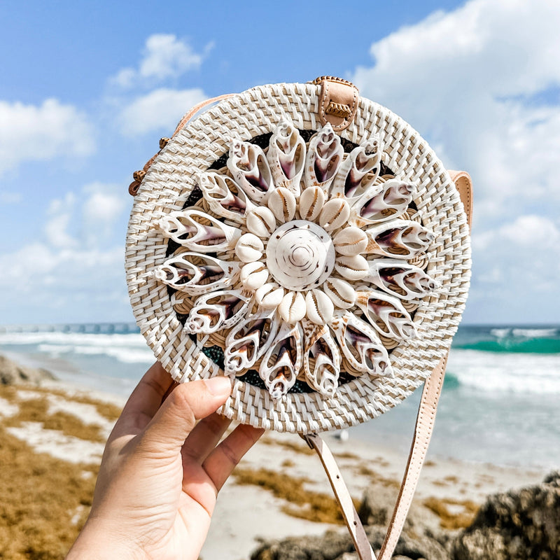 Bali Seashell Embellishment Round Rattan Crossbody Bag - Isabella