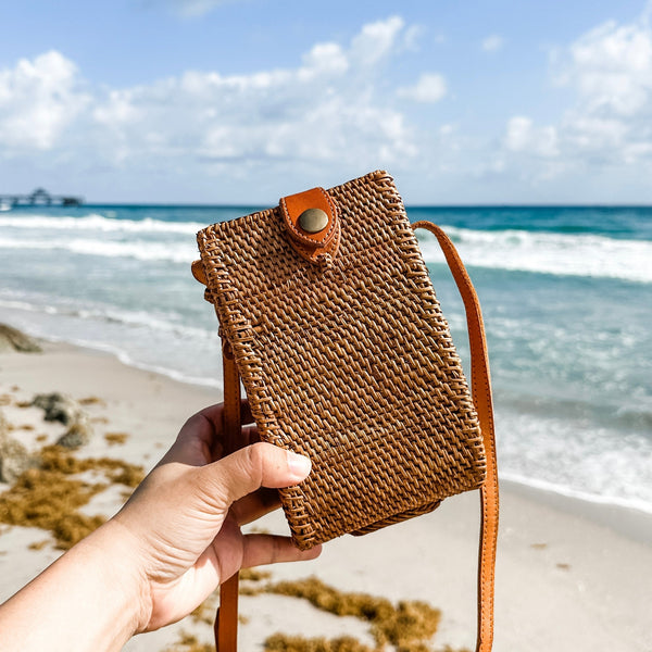 Bali Envelope Rattan Crossbody Bag with Adjustable Leather Strap