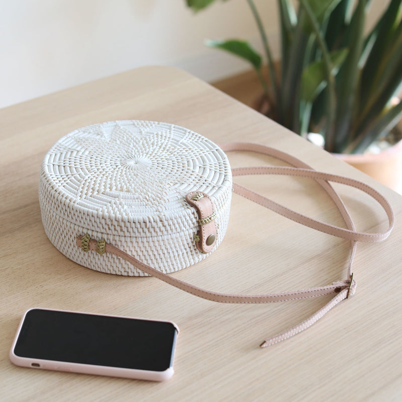 White Rattan Bag with Nude leather strap | Premium Handmade Sling bag from Bali by Ganapati Crafts Co.