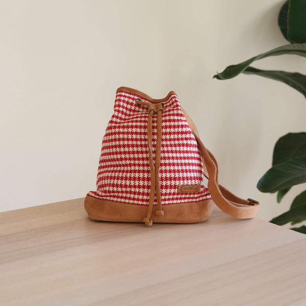 WOVEN Drawstring Bucket Bag - Red Houndstooth Premium Quality Unique Handmade Gifts And Accessories - Ganapati Crafts Co.